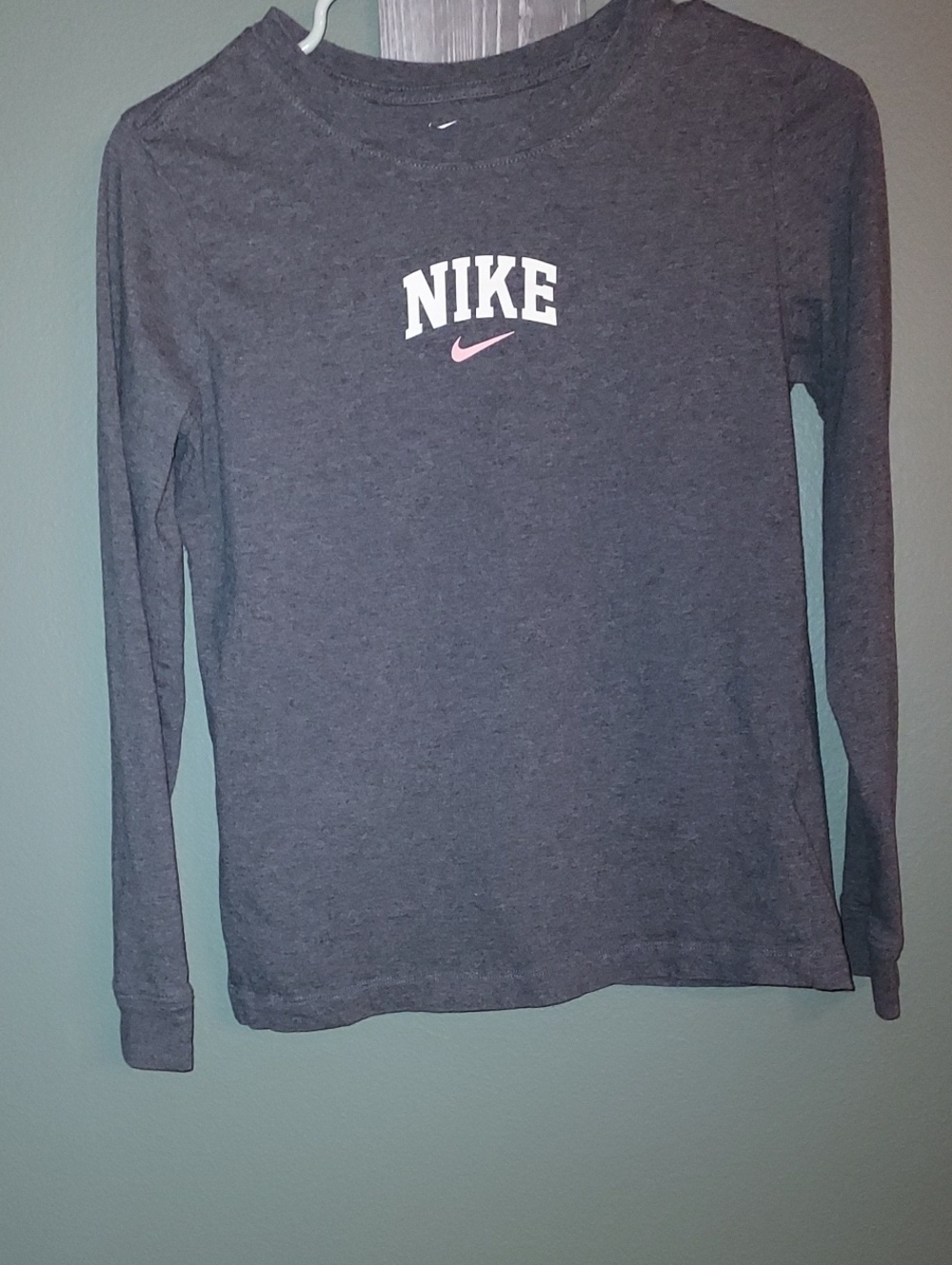 Nike Long Sleeve Tee in Charcoal Gray with Pink Swoosh